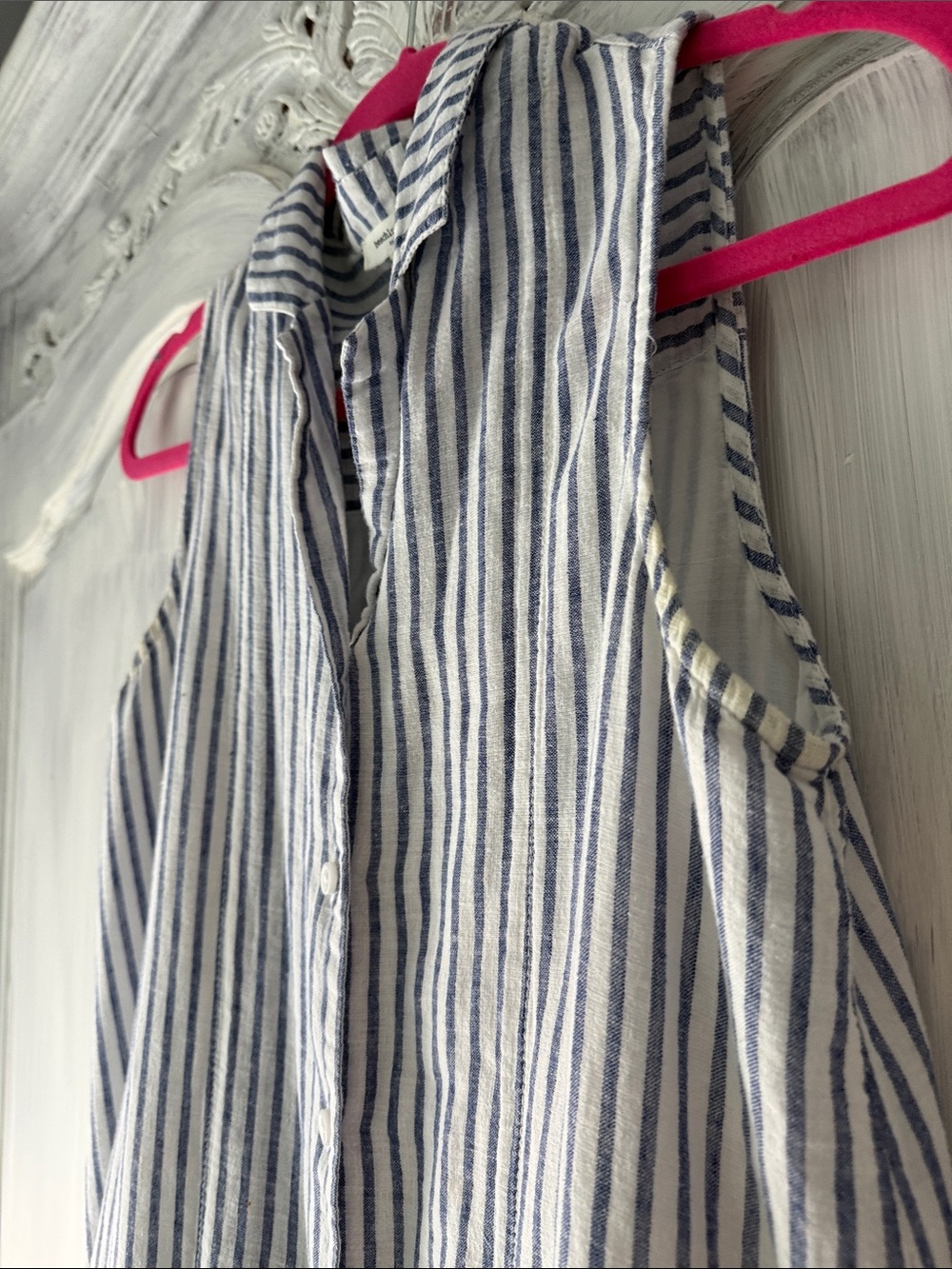 BEACH LUNCH LOUNGE SLEEVELESS 100% Cotton & Linen Blue Stripe ButtoN Dress Med - Picture 5 of 11